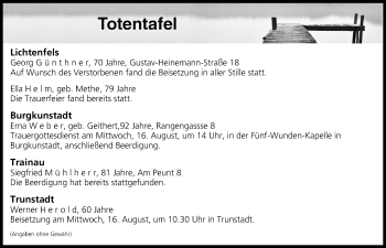 Anzeige von Totentafel vom 15.08.2017 von MGO