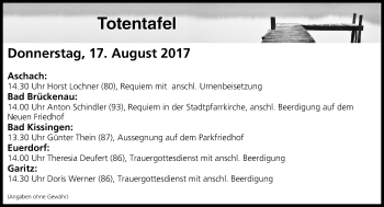 Anzeige von Totentafel vom 17.08.2017 von MGO