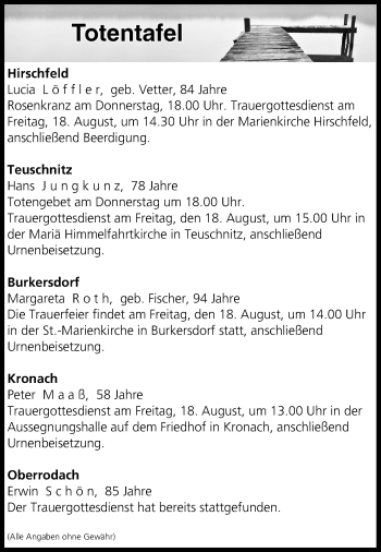 Anzeige von Totentafel vom 17.08.2017 von MGO