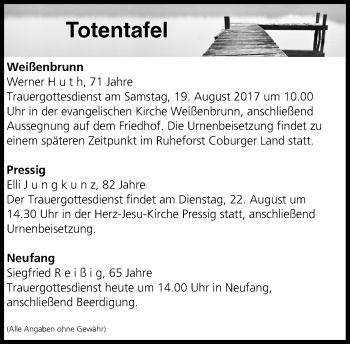 Anzeige von Totentafel vom 18.08.2017 von MGO