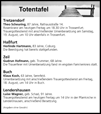 Anzeige von Totentafel vom 18.08.2017 von MGO