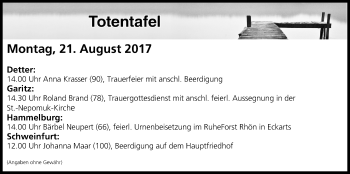 Anzeige von Totentafel vom 21.08.2017 von MGO
