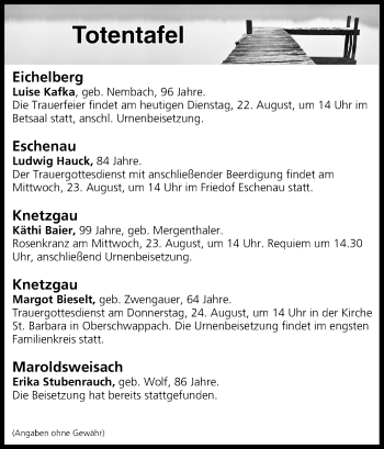 Anzeige von Totentafel vom 22.08.2017 von MGO