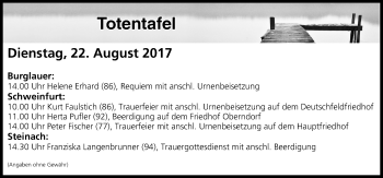 Anzeige von Totentafel vom 22.08.2017 von MGO