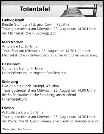 Anzeige von Totentafel vom 22.08.2017 von MGO