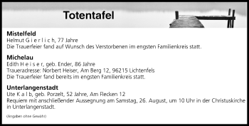 Anzeige von Totentafel vom 25.08.2017 von MGO