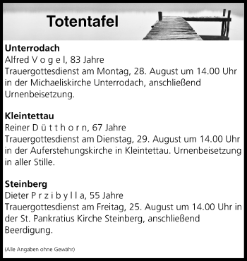 Anzeige von Totentafel vom 25.08.2017 von MGO