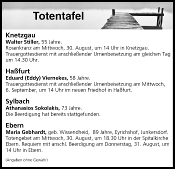 Anzeige von Totentafel vom 29.08.2017 von MGO