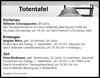 Anzeige von Totentafel vom 31.08.2017 von MGO