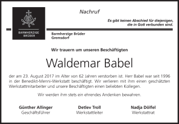 Anzeige von Waldemar Babel von MGO