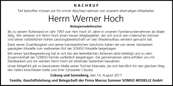Anzeige von Werner Hoch von MGO