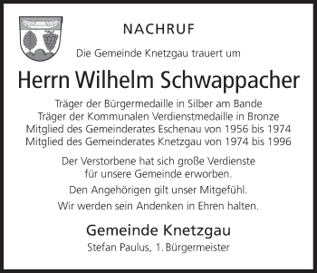 Anzeige von Wilhelm Schwappacher von MGO