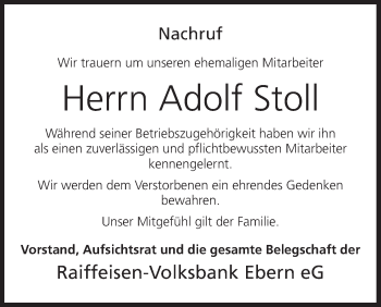Anzeige von Adolf Stoll von MGO