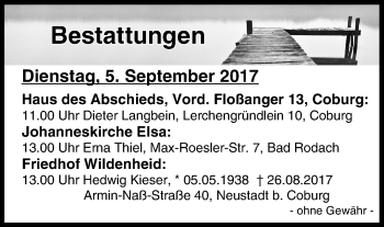 Anzeige von Bestattungen vom 05.09.2017 von MGO