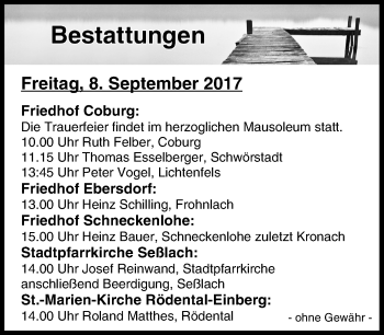 Anzeige von Bestattungen vom 08.09.2017 von MGO
