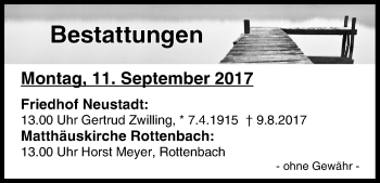 Anzeige von Bestattungen vom 11.09.2017 von MGO