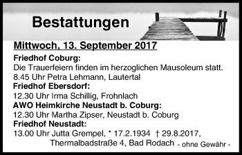 Anzeige von Bestattungen vom 13.09.2017 von MGO