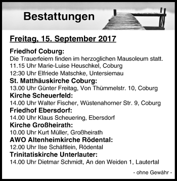 Anzeige von Bestattungen vom 15.09.2017 von MGO