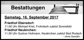 Anzeige von Bestattungen vom 16.09.2017 von MGO