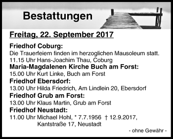 Anzeige von Bestattungen vom 22.09.2017 von MGO