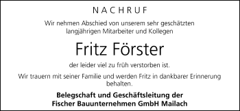 Anzeige von Fritz Förster von MGO