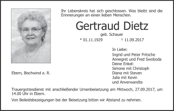Anzeige von Gertraud Dietz von MGO