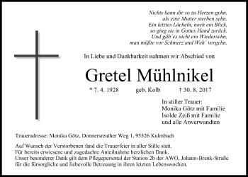 Anzeige von Gretel Mühlnikel von MGO