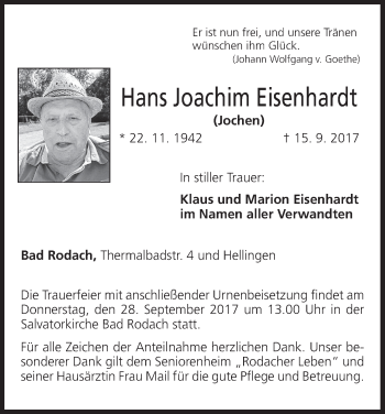 Anzeige von Hans Joachim Eisenhardt von MGO