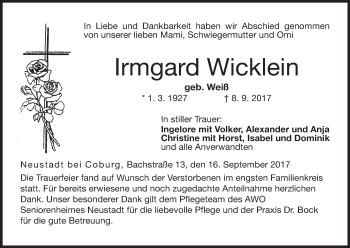 Anzeige von Irmgard Wicklein von MGO