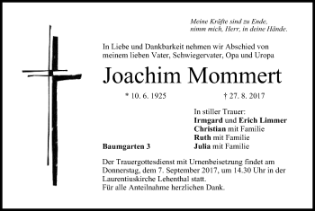 Anzeige von Joachim Mommert von MGO