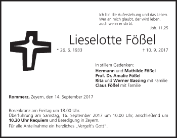 Anzeige von Lieselotte Fößel von MGO