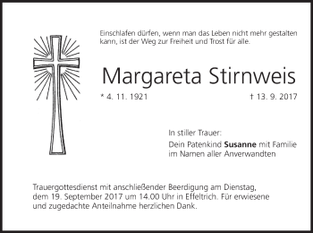 Anzeige von Margareta Stirnweis von MGO