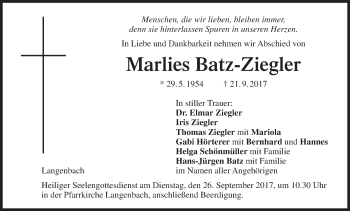 Anzeige von Marlies Batz-Ziegler von MGO