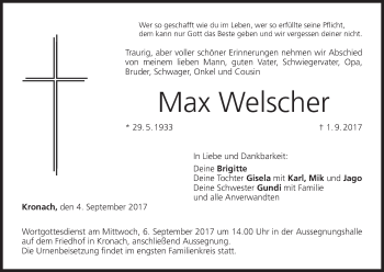 Anzeige von Max Welscher von MGO