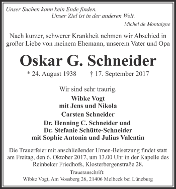 Anzeige von Oskar G. Schneider von MGO