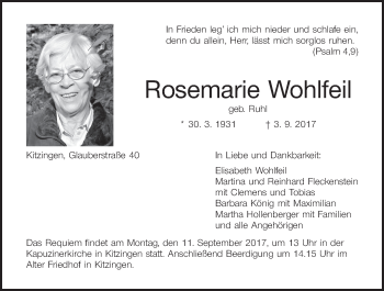 Anzeige von Rosemarie Wohlfeil von MGO