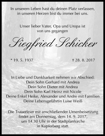 Anzeige von Siegfried Schicker von MGO