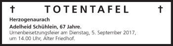 Anzeige von Totentafel vom 01.09.2017 von MGO