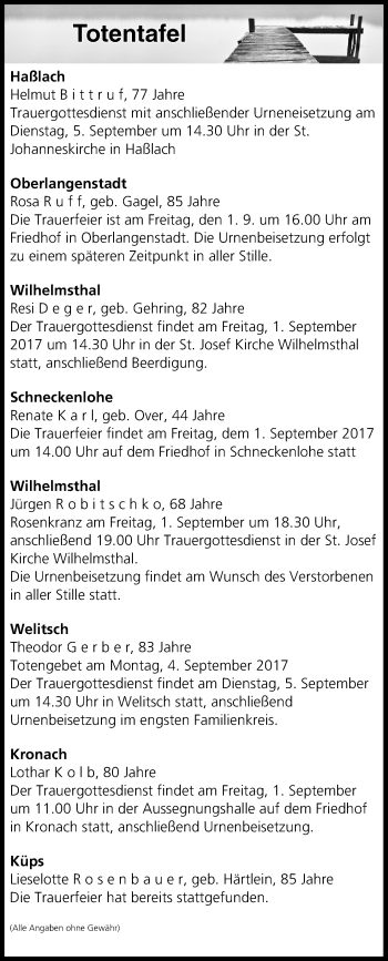 Anzeige von Totentafel vom 01.09.2017 von MGO