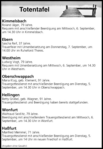 Anzeige von Totentafel vom 05.09.2017 von MGO