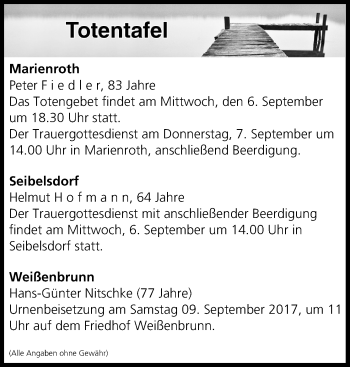 Anzeige von Totentafel vom 06.09.2017 von MGO
