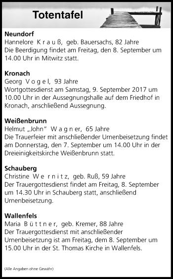 Anzeige von Totentafel vom 07.09.2017 von MGO