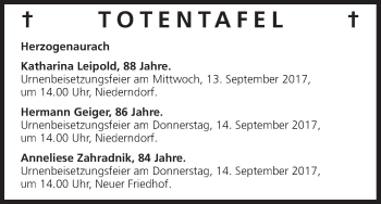 Anzeige von Totentafel vom 09.09.2017 von MGO