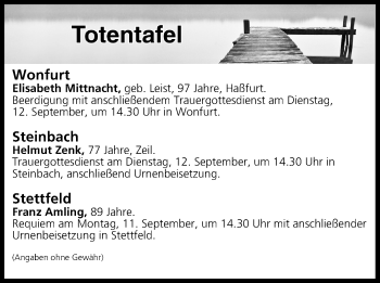 Anzeige von Totentafel vom 09.09.2017 von MGO