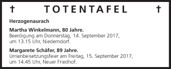 Anzeige von Totentafel vom 12.09.2017 von MGO