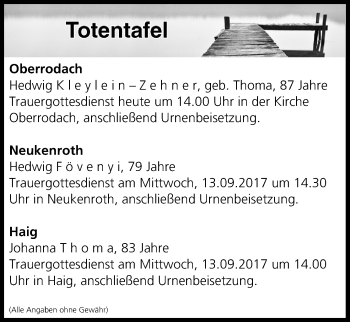 Anzeige von Totentafel vom 12.09.2017 von MGO