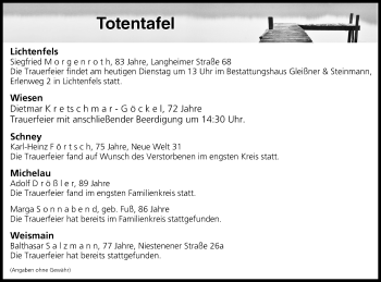 Anzeige von Totentafel vom 12.09.2017 von MGO