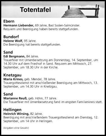 Anzeige von Totentafel vom 12.09.2017 von MGO