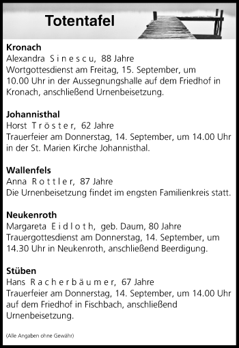 Anzeige von Totentafel vom 13.09.2017 von MGO