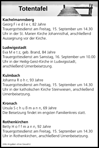 Anzeige von Totentafel vom 14.09.2017 von MGO